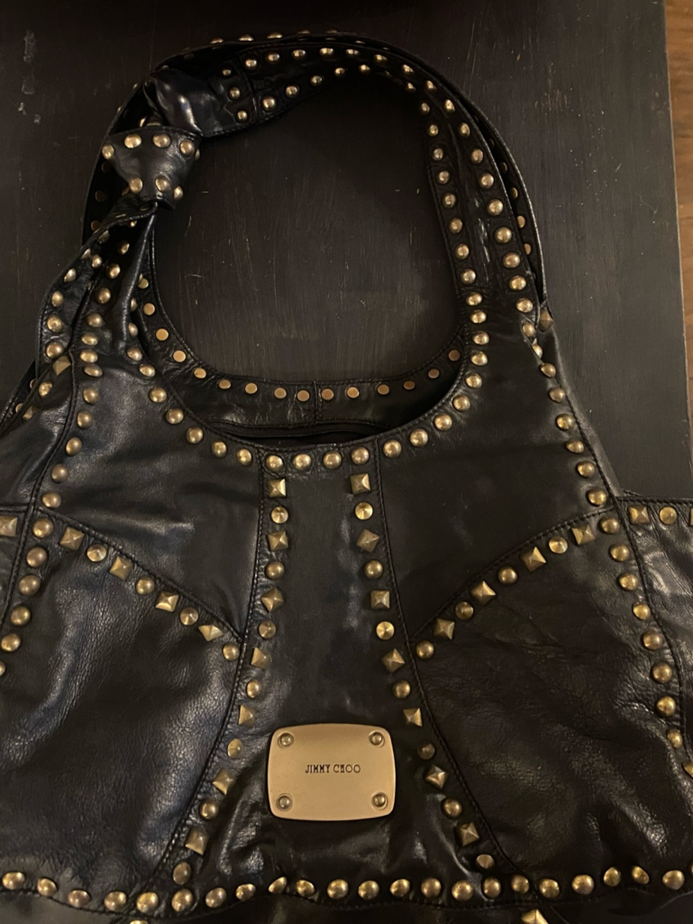 Jimmy Choo Black Leather Studded Shoulder Bag with Gold Plaque